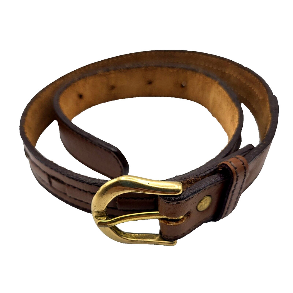 Vintage 90s Boys Brown Leather Weave Belt Brass Buckle 24" Long YK